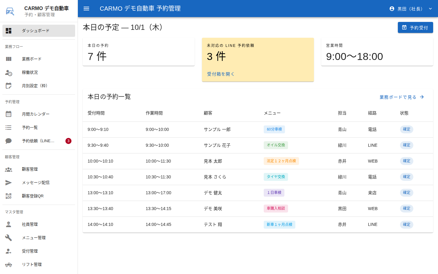 ダッシュボード（本日の予定）画面。本日の予約件数、未対応の予約依頼、営業時間と本日の予約一覧